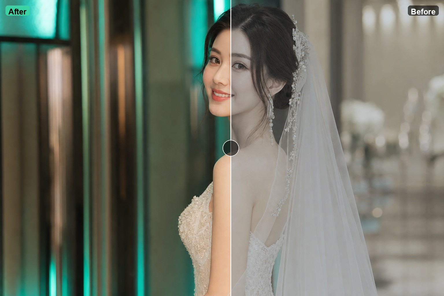 智能调色前后对比：左 After 右 Before，同一张中国婚礼照片